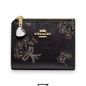 Leather,Wallets,Women Coach F76880 Snap Card Case Printed Coated Canvas with Print Ribbon Bouquet Snap Closure - Black / Pink Coach