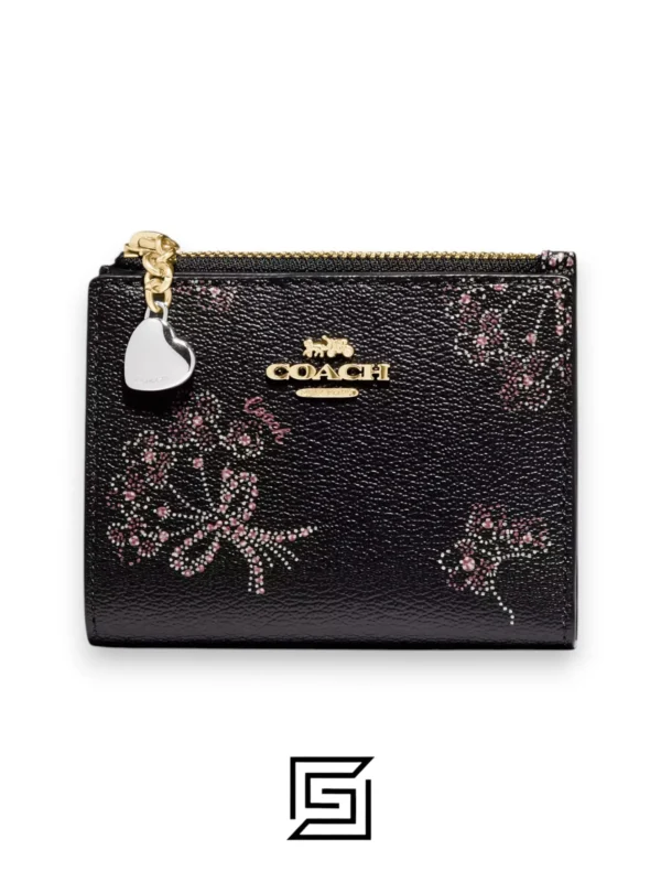 Leather,Wallets,Women Coach F76880 Snap Card Case Printed Coated Canvas with Print Ribbon Bouquet Snap Closure - Black / Pink Coach