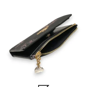 Leather,Wallets,Women Coach F76880 Snap Card Case Printed Coated Canvas with Print Ribbon Bouquet Snap Closure - Black / Pink Coach