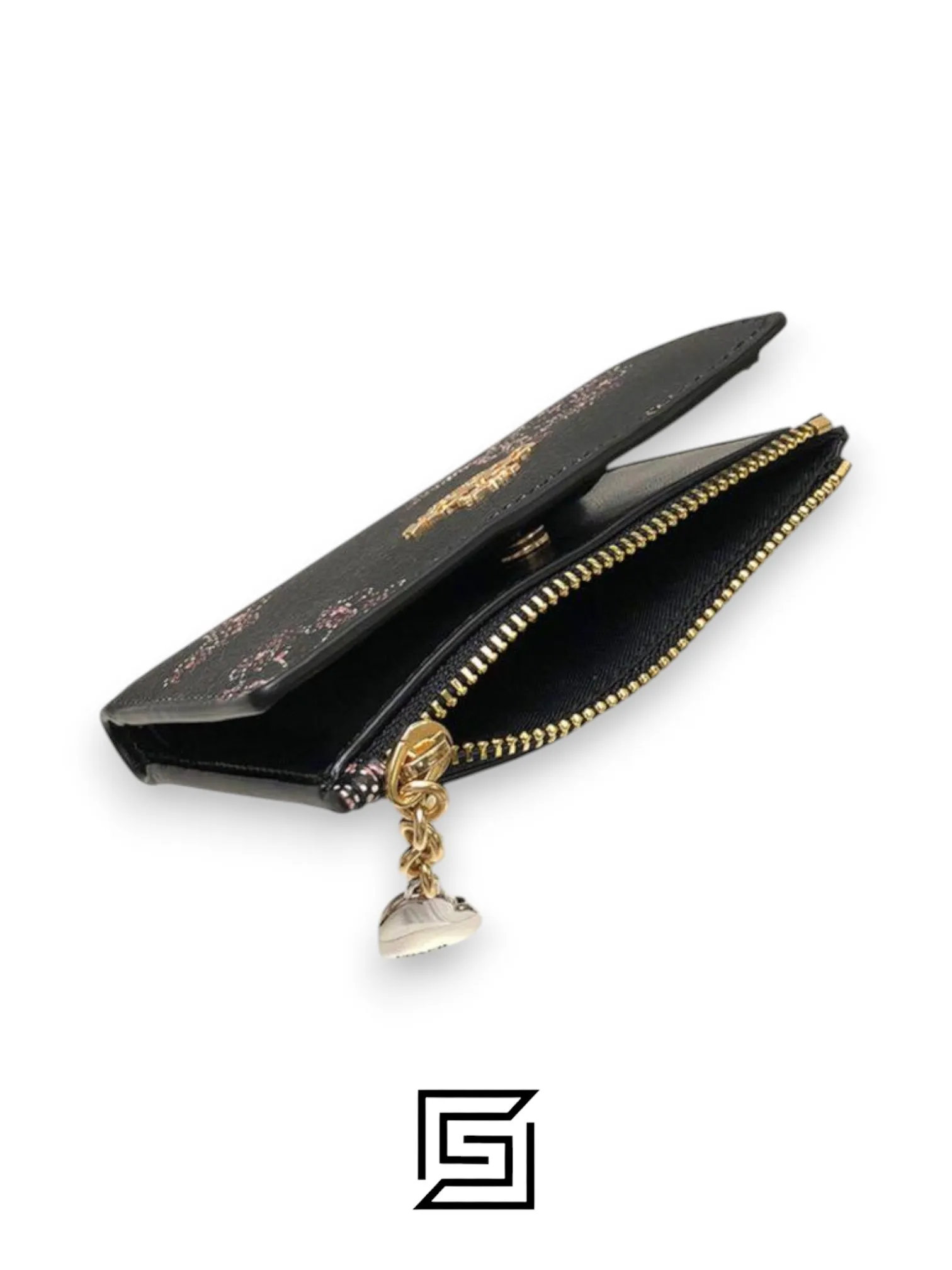 Leather,Wallets,Women Coach F76880 Snap Card Case Printed Coated Canvas with Print Ribbon Bouquet Snap Closure - Black / Pink Coach