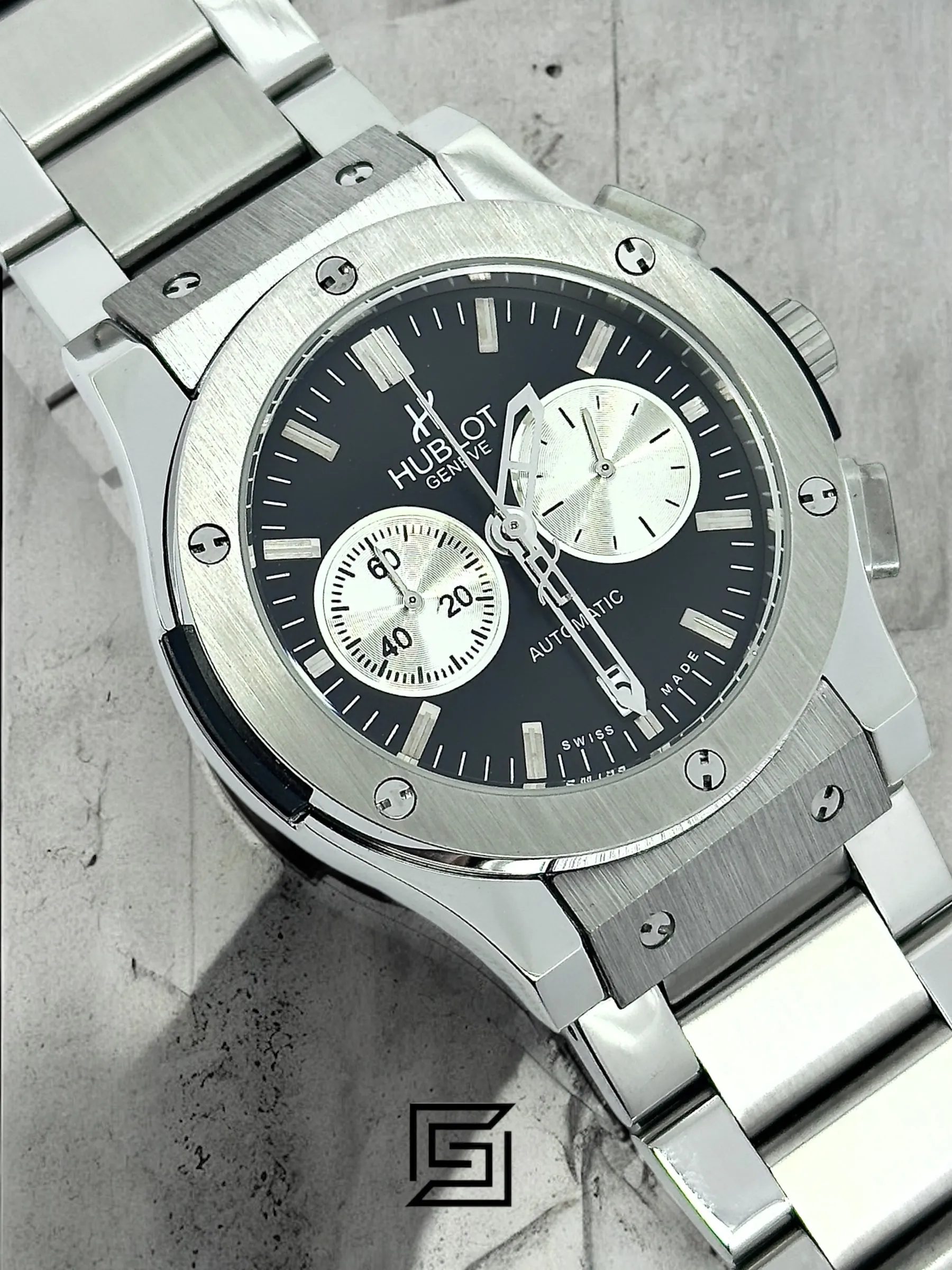 Men,Watches watches HUBLOT CLASSIC NEW - Silver Metal Band - Black Dial With 2 Counters Silver- Silver Body Hublot