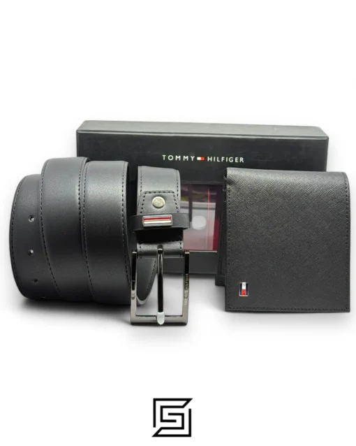 leather TOMMY SET BELTS AND WALLET BLACK WALLET WITH LOGO ON RIGHT