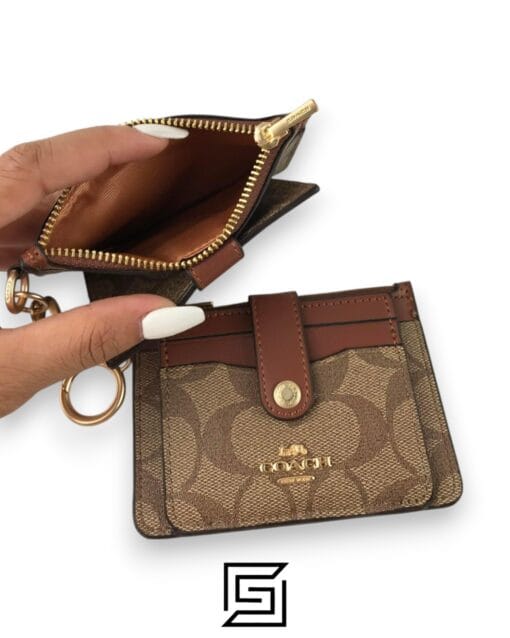 Leather,Wallets,Women Attachment Card Case In Signature Canvas C7398 Brown x Brown Coach