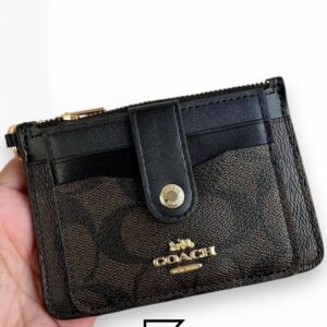Leather,Wallets,Women Attachment Card Case In Signature Canvas C7398 Brown x Black Coach