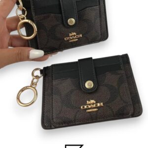 Leather,Wallets,Women Attachment Card Case In Signature Canvas C7398 Brown x Black Coach