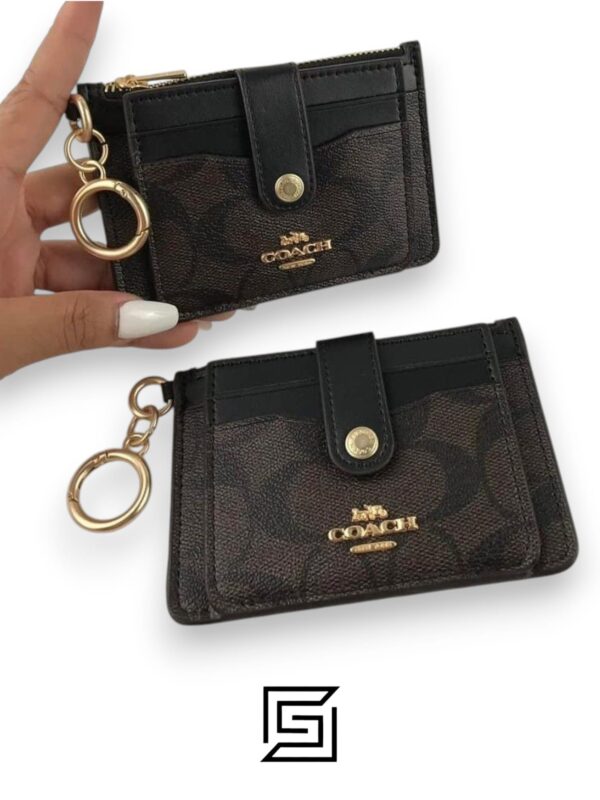 Leather,Wallets,Women Attachment Card Case In Signature Canvas C7398 Brown x Black Coach