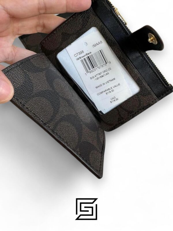 Leather,Wallets,Women Attachment Card Case In Signature Canvas C7398 Brown x Black Coach