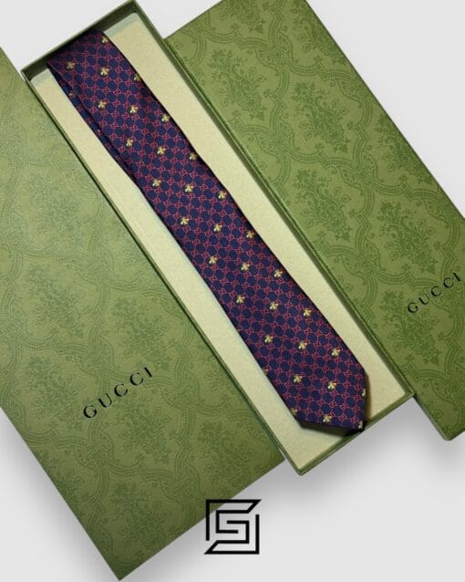 Ties Gucci - Navy Blue - Red Color Small G Pattern With Bee Pattern Gucci