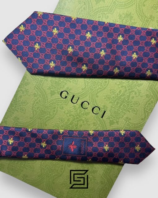 Ties Gucci - Navy Blue - Red Color Small G Pattern With Bee Pattern Gucci