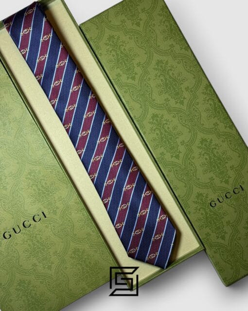 Ties Gucci - Striped Navy Blue - Maroon With GG Pattern Gucci