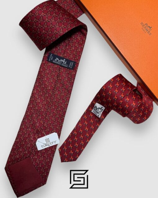 Ties Hermes - Maroon With Horse Pattern Italian Style Hermes