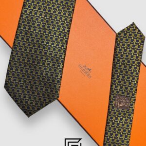 Ties Hermes - Blue - Gold With Horseshoe Pattern Italian Style Hermes