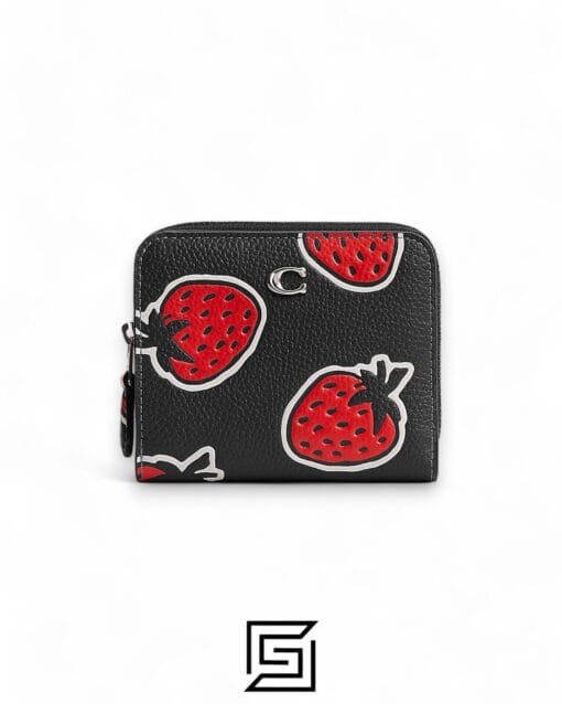 Leather,Wallets,Women Billfold Wallet With Strawberry Print CT908 Black Coach