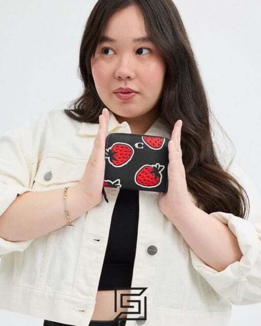 Leather,Wallets,Women Billfold Wallet With Strawberry Print CT908 Black Coach