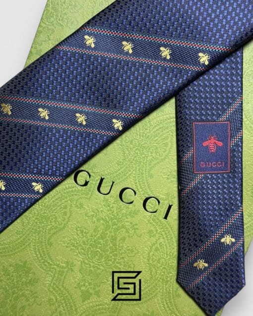 Ties Gucci - Navy Blue Color With Gold Bee Constant Pattern Gucci
