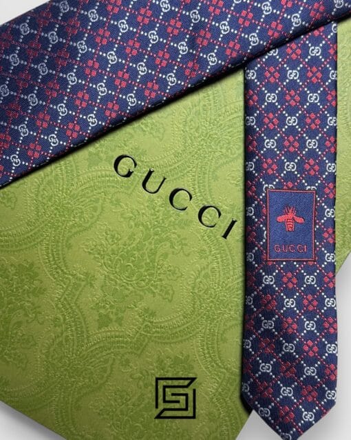 Ties Gucci - Navy Blue - Red Color Small Silver G Pattern Gucci