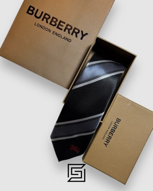 Ties BURBERRY- Striped Black - Grey Horse Logo Burberry