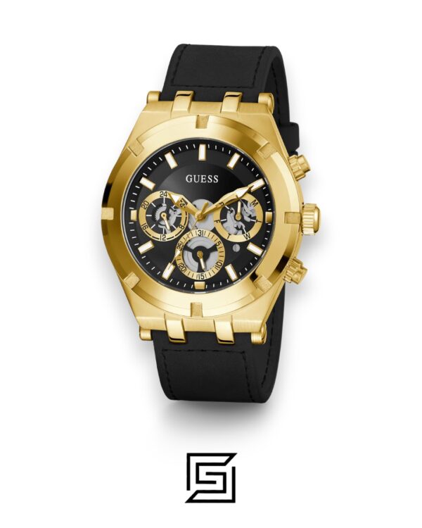 GUESS MEN GOLD TONE Analog RUBERR BLACK BAND Watch GW0262G2