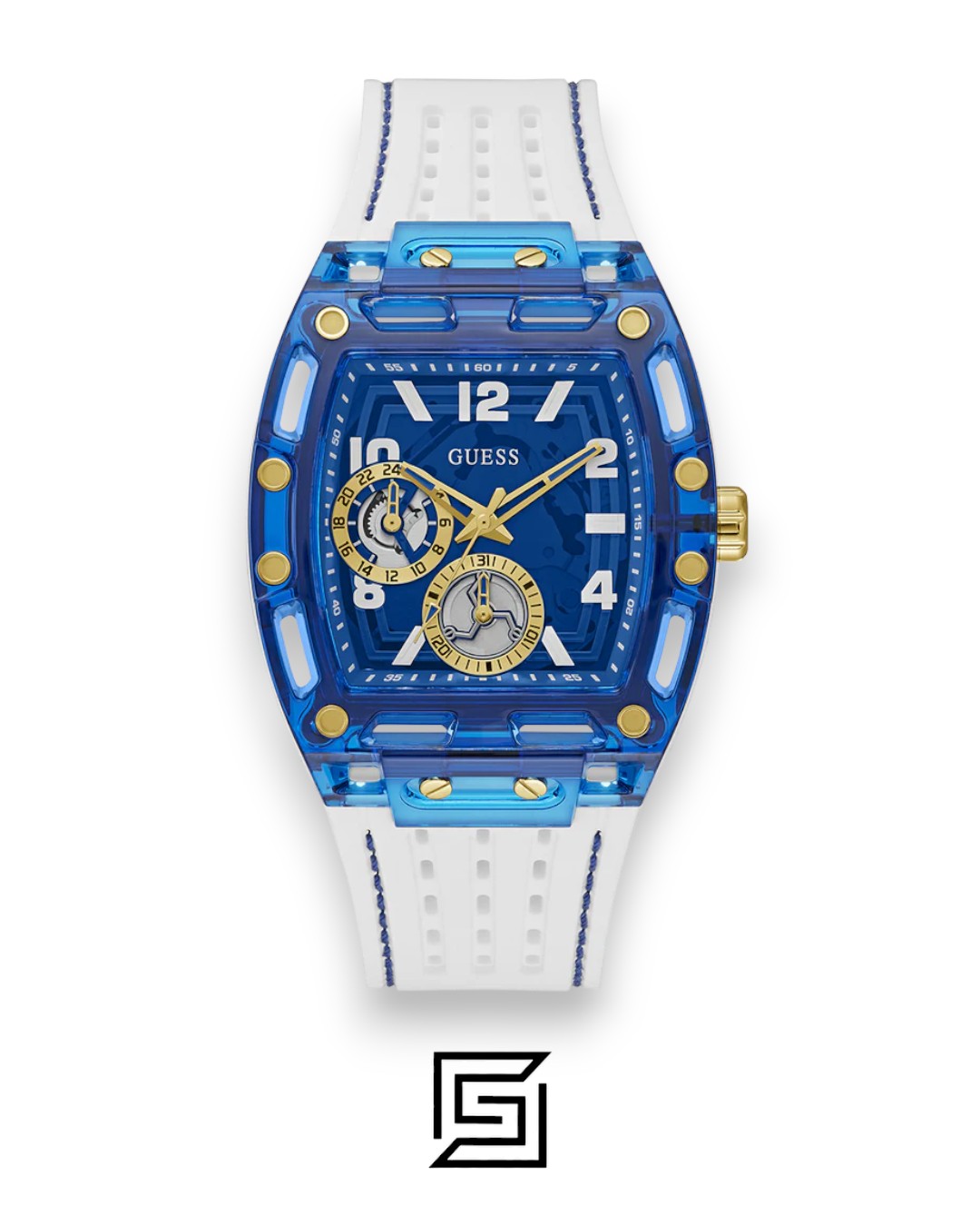 GUESS MEN BLUE Tone Analog RABERR WHITE BAND Watch - GW0499G6