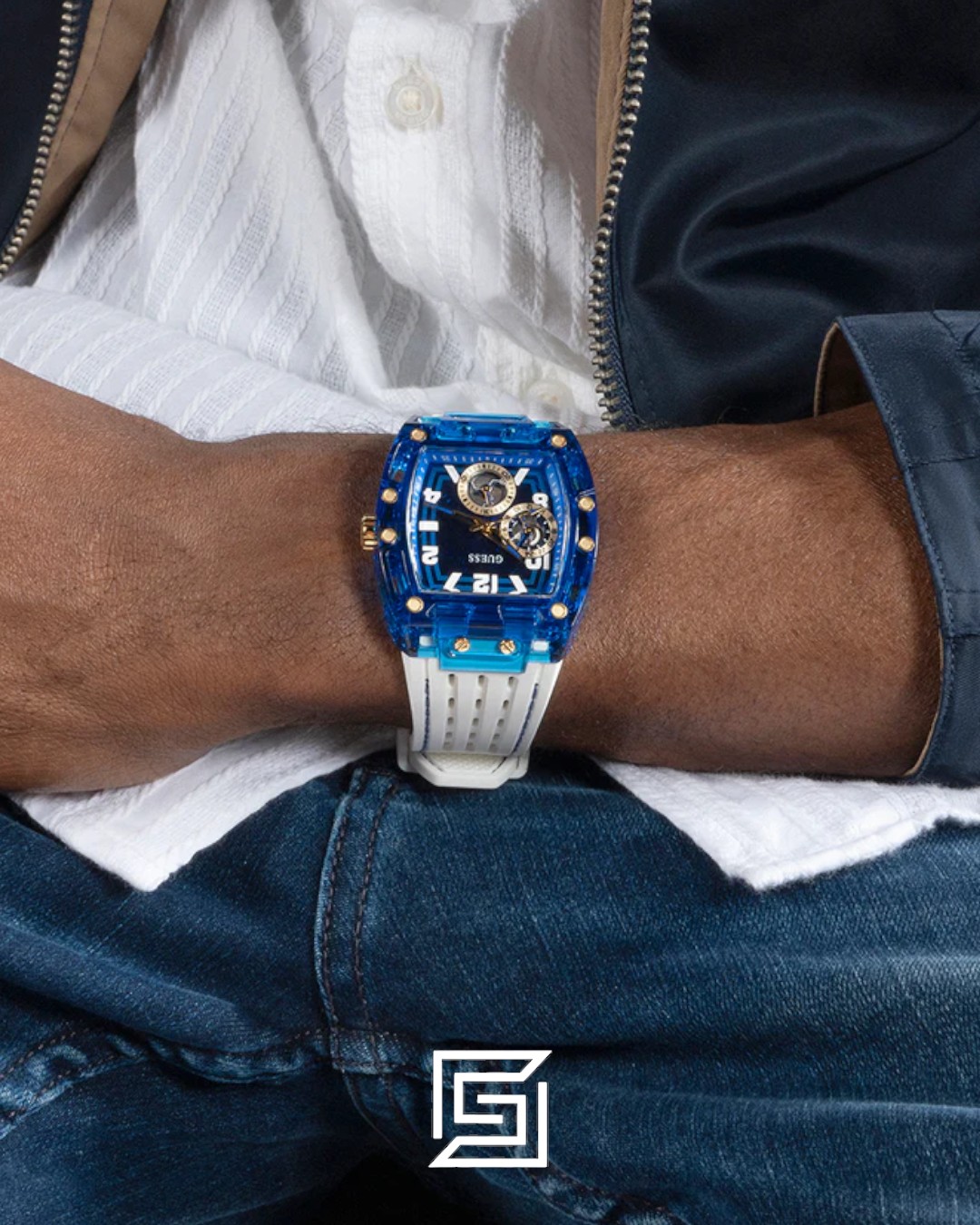 GUESS MEN BLUE Tone Analog RABERR WHITE BAND Watch - GW0499G6 - Image 9