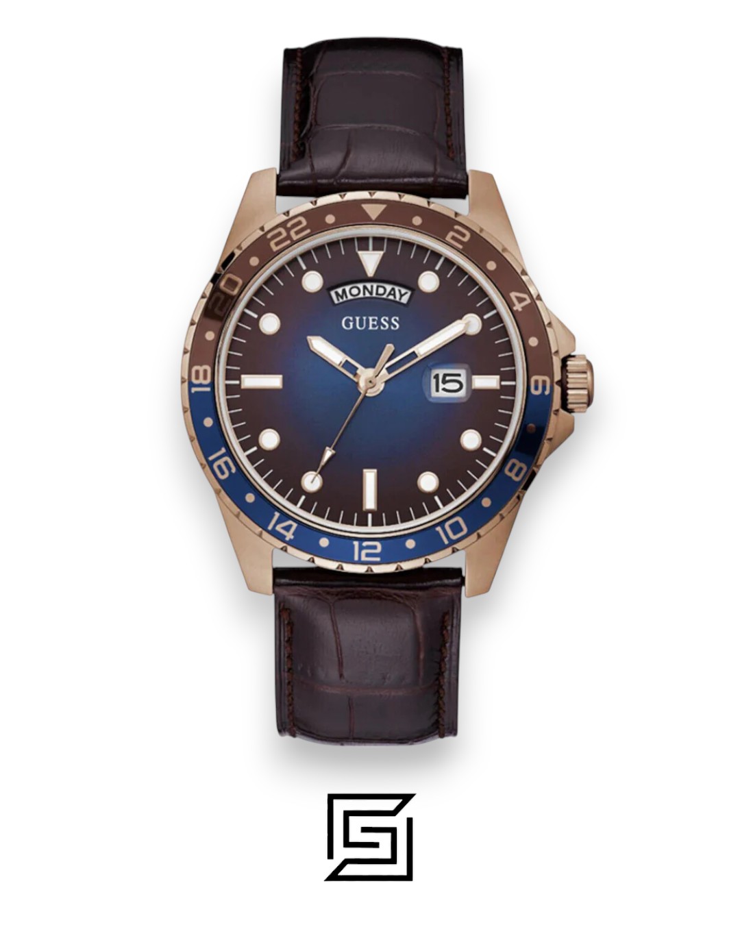 ⁦GUESS MEN ROSE GOLD TONE Analog BAND COLOR BROWN LEATHER WATCH GW0221G2⁩ - الصورة ⁦1⁩