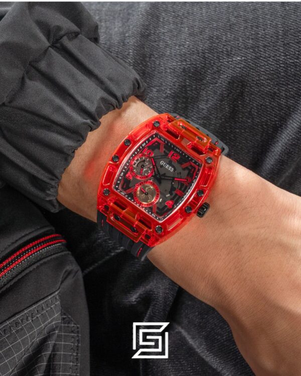 GUESS MEN RED Tone Analog Band Color BLACK WATCH GW0499G4