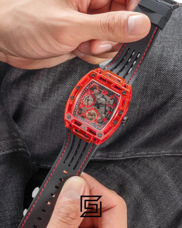 GUESS MEN RED Tone Analog Band Color BLACK WATCH GW0499G4
