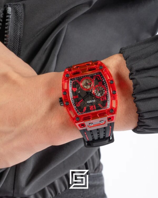 GUESS MEN RED Tone Analog Band Color BLACK WATCH GW0499G4