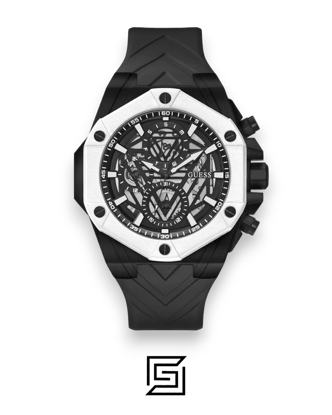 ⁦GUESS MEN BLACK Tone Analog Band Color	BLACK SILICON WATCH GW0579G1⁩ - الصورة ⁦1⁩