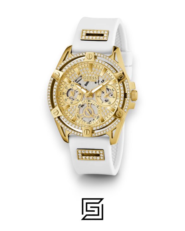 GUESS Ladies Gold Tone Analog Band White Silicone Watch GW0536L2