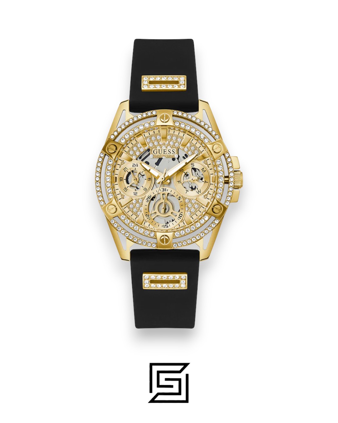 ⁦GUESS Ladies Gold Tone Analog Band BLACK Silicone Watch  GW0536L3⁩ - الصورة ⁦1⁩