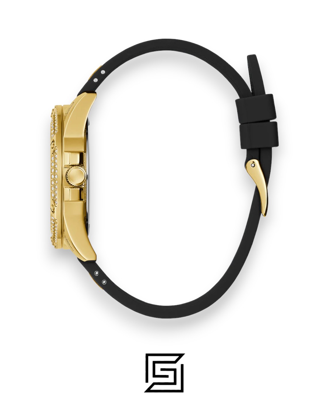 ⁦GUESS Ladies Gold Tone Analog Band BLACK Silicone Watch  GW0536L3⁩ - الصورة ⁦3⁩