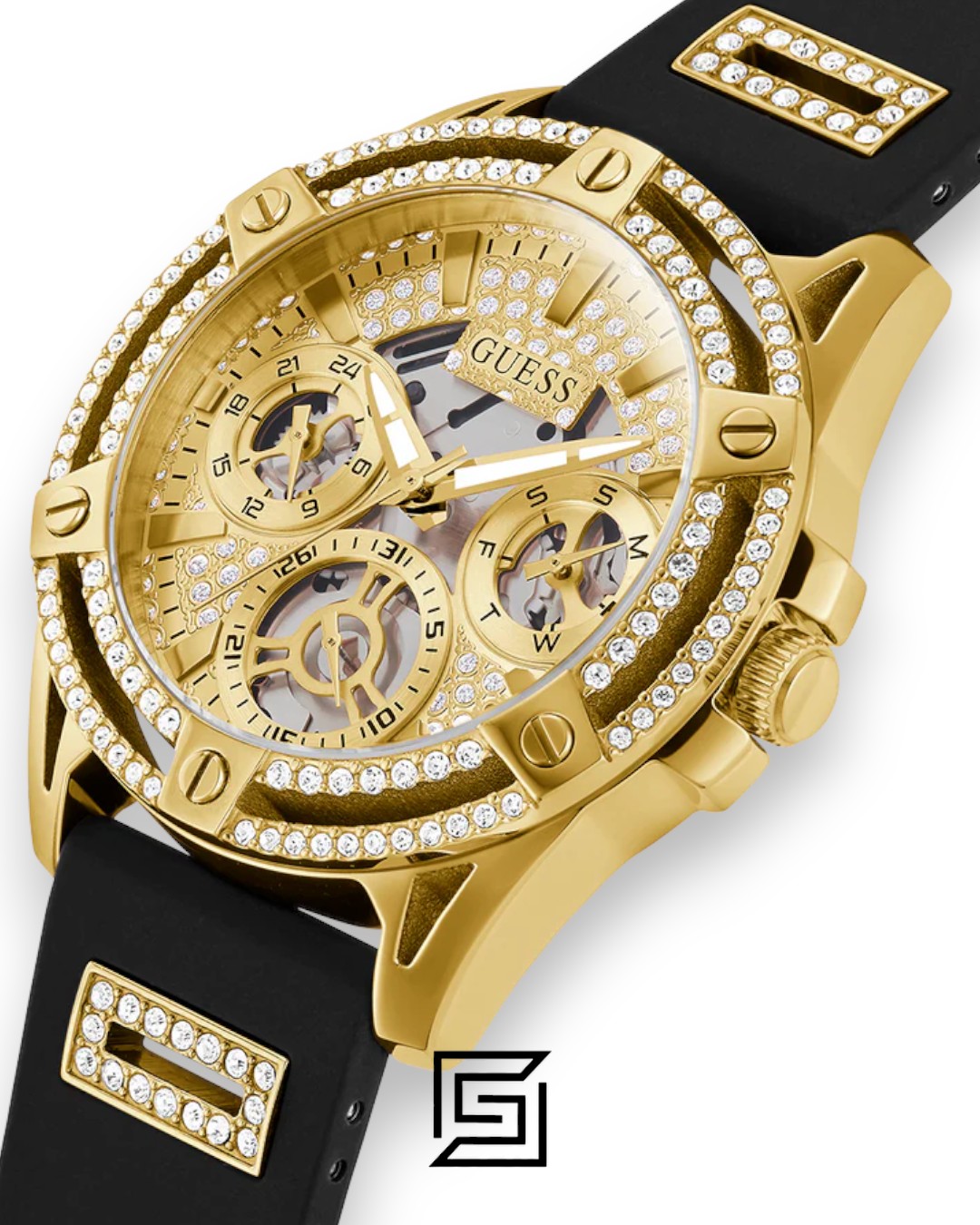 ⁦GUESS Ladies Gold Tone Analog Band BLACK Silicone Watch  GW0536L3⁩ - الصورة ⁦5⁩