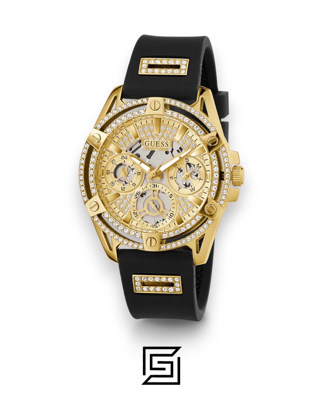 ⁦GUESS Ladies Gold Tone Analog Band BLACK Silicone Watch  GW0536L3⁩ - الصورة ⁦2⁩