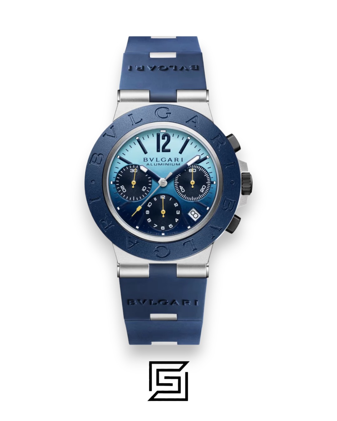 Bvlgari Aluminium Chronograph Blue Dial White Band Men’s Watch - Image 1