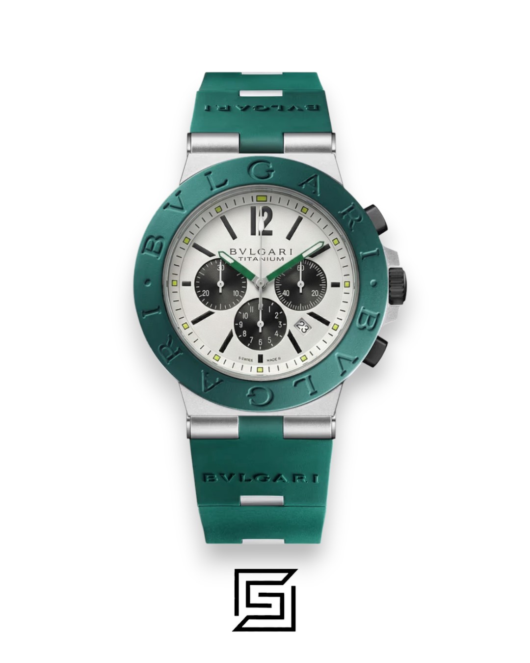 Bvlgari Aluminium Chronograph White Dial Green Band Men’s Watch - Image 1