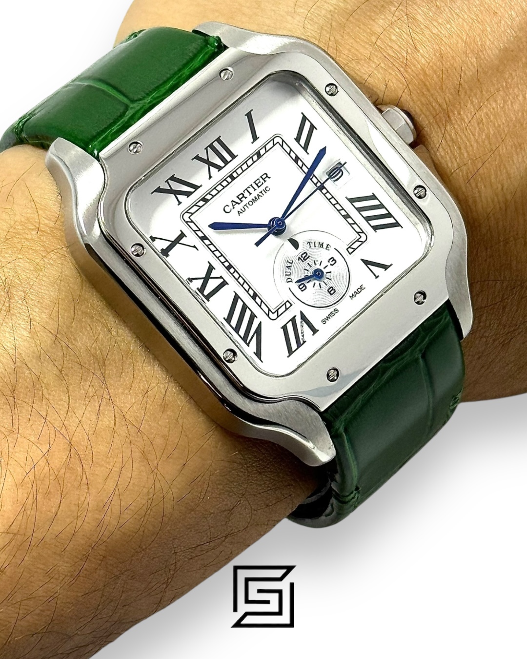 Cartier Santos 3241983 Automatic Dual Time White Roman Dial Green Leather - 47mm - Image 4