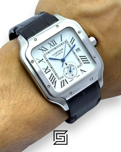 Alternative view of Cartier Santos 3241983 Automatic White Roman Dial – Black Leather Strap