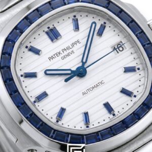 ⁦Patek Philippe Nautilus – White Dial – Blue Gem Bezel – Japanese Automatic⁩ - الصورة ⁦2⁩