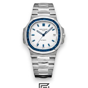 ⁦Patek Philippe Nautilus – White Dial – Blue Gem Bezel – Japanese Automatic⁩ - الصورة ⁦1⁩
