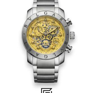 Bvlgari Chronograph Skeleton White Dial Yellow Reflective Glass Stainless Band Men’s Watch - Image 1