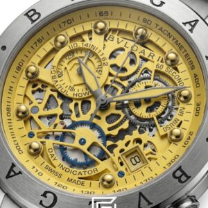 Bvlgari Chronograph Skeleton White Dial Yellow Reflective Glass Stainless Band Men’s Watch - Image 2