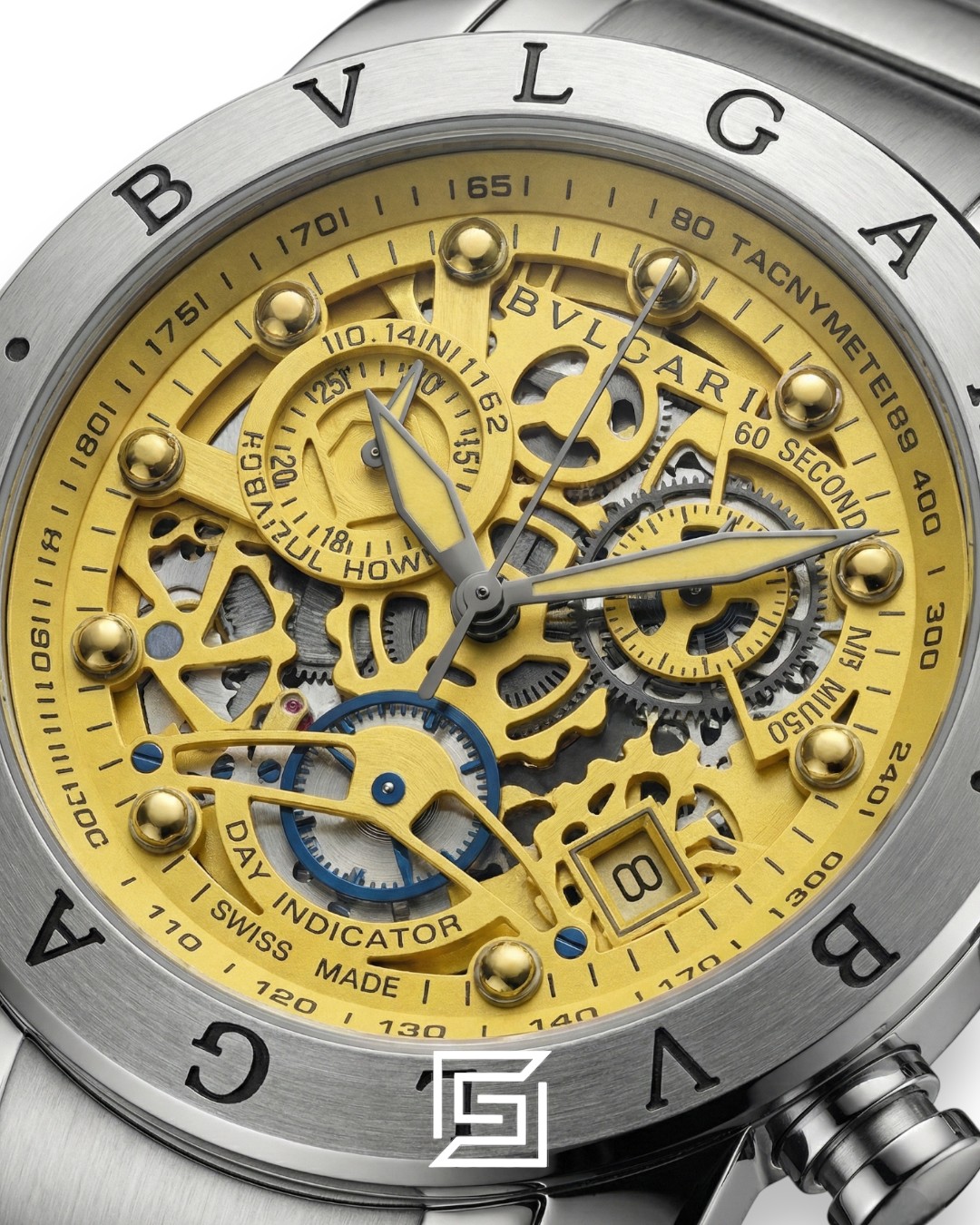 Bvlgari Chronograph Skeleton White Dial Yellow Reflective Glass Stainless Band Men’s Watch - Image 2