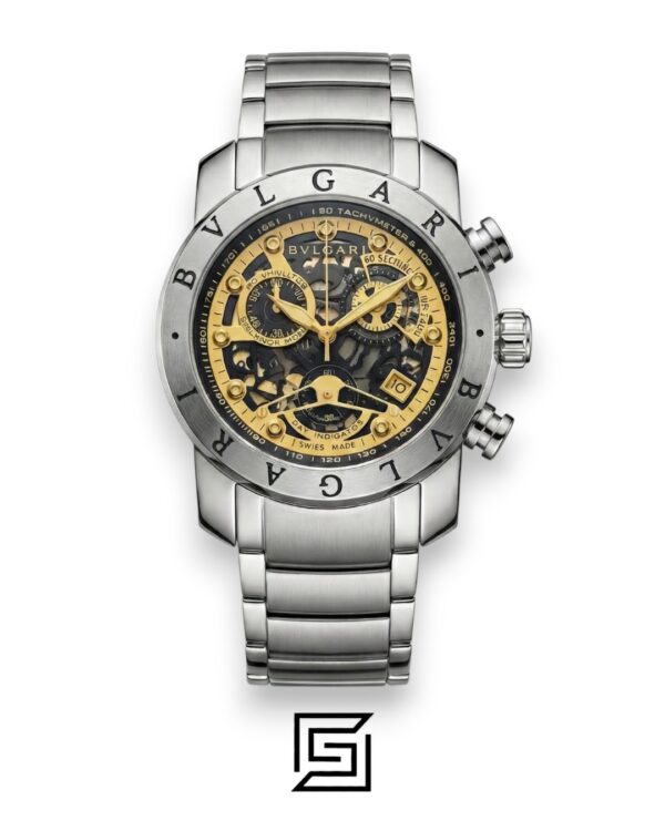 Bvlgari Chronograph Skeleton Black Dial Yellow Reflective Glass Stainless Band Men’s Watch