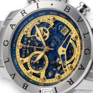 Bvlgari Chronograph Skeleton Black Dial Yellow Reflective Glass Stainless Band Men’s Watch - Image 2