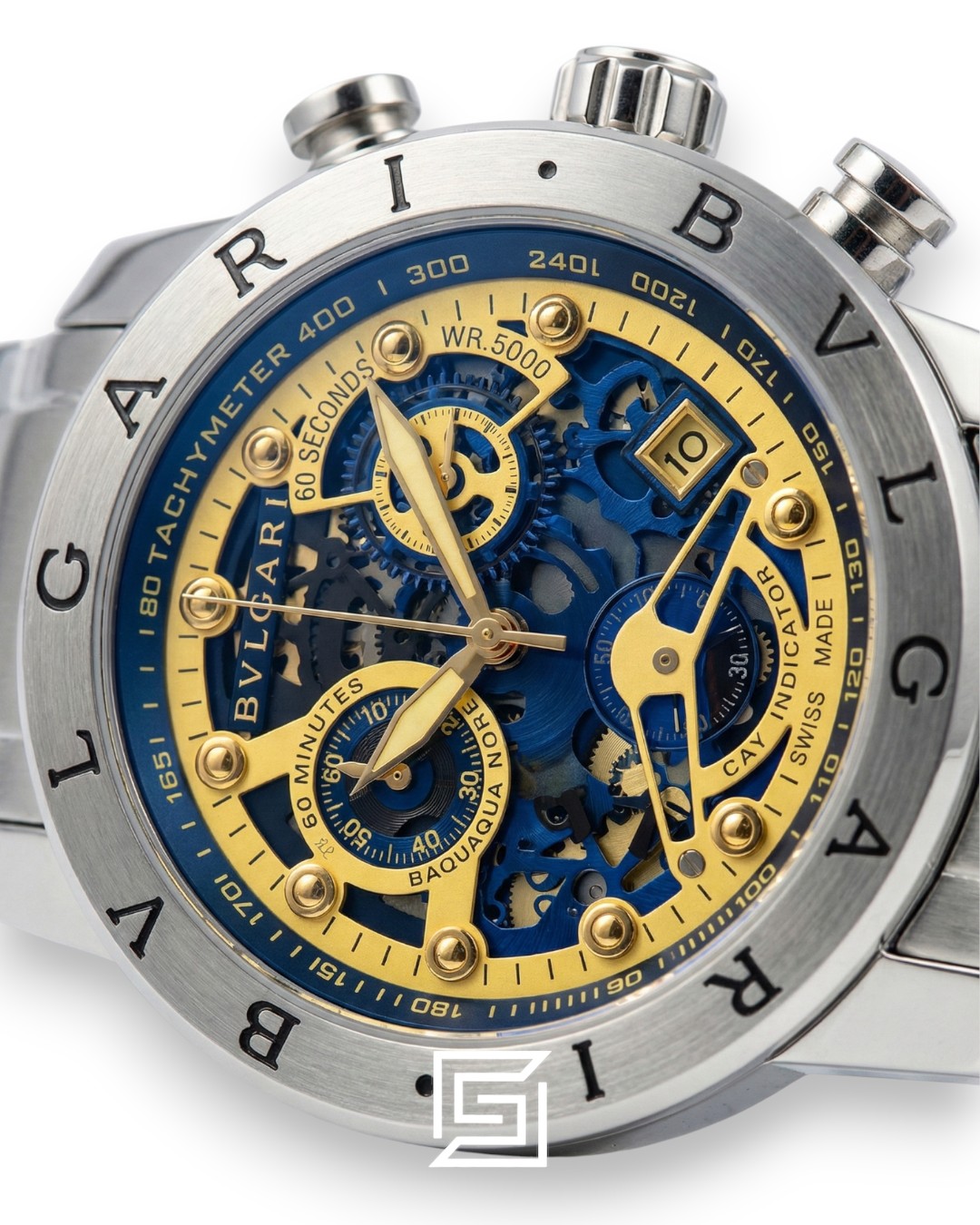 Bvlgari Chronograph Skeleton Black Dial Yellow Reflective Glass Stainless Band Men’s Watch - Image 2