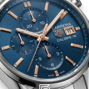 TAG Heuer Carrera Calibre 16 Blue Dial Rose Gold Accents Stainless Steel Men’s Watch - Image 2