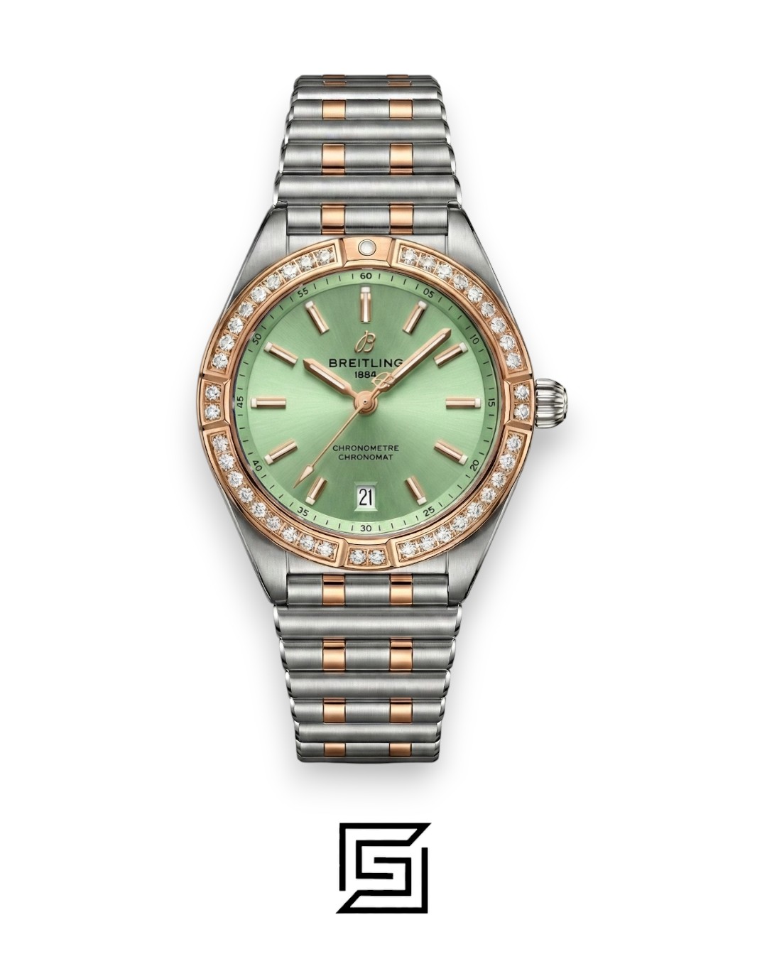 Breitling Chronomat Mint Green Diamond Bezel Two-Tone Ladies’ Watch - Image 1