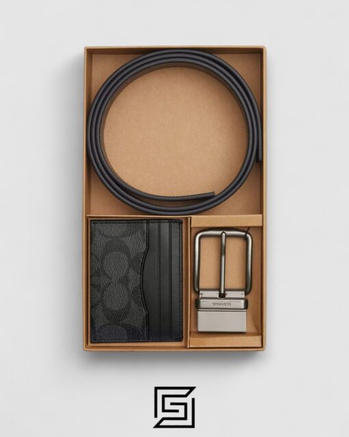 Boxed Card Case And Belt Gift Set In Colorblock Signature Canvas C8278