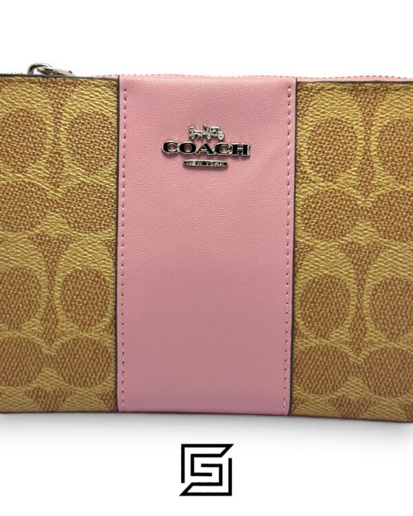 Coach Small Wristlet In Colorblock Signature Canva Brown x Pink No. F32445